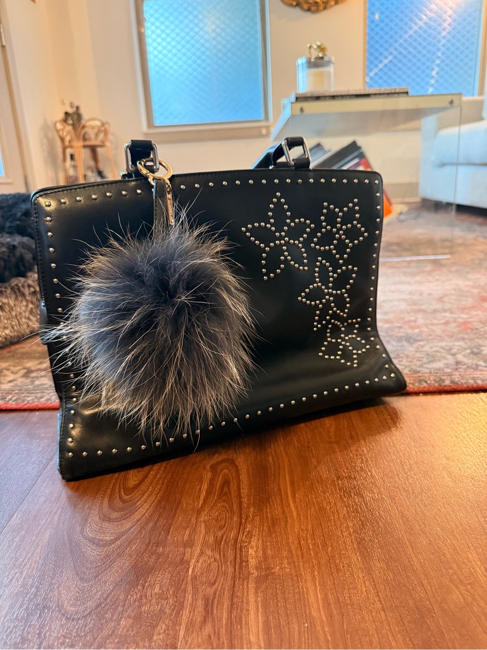 Anne Fontaine Black Studded Tote with Removable Fur Pom